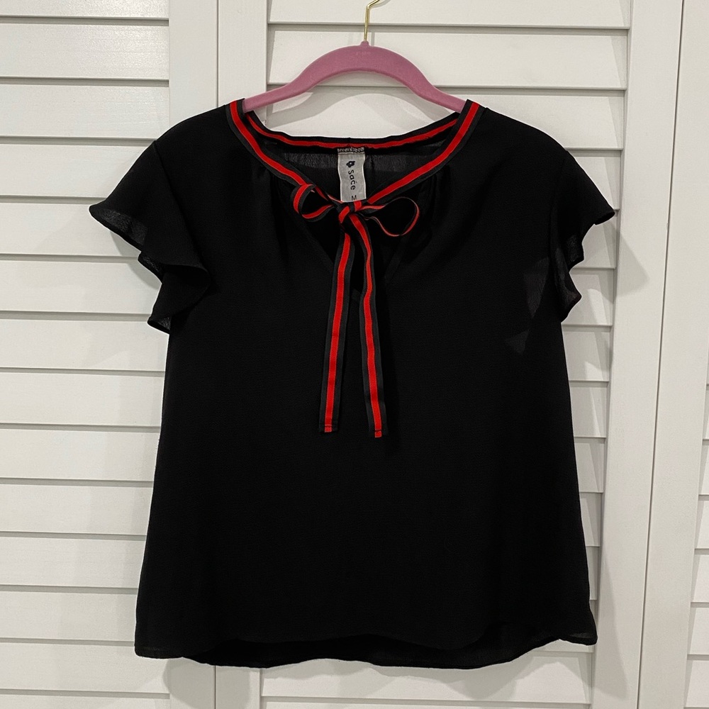 Saće Black Blouse Flutter Sleeves Red Stripe Bow